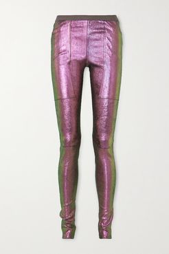 Iridescent Stretch Leather And Cotton-blend Leggings - Metallic