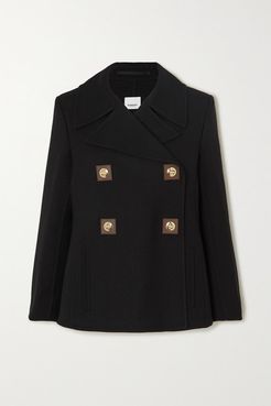 Double-breasted Leather-trimmed Wool-twill Coat - Black