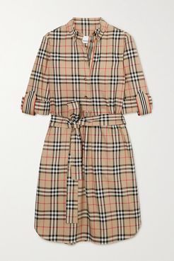 Net Sustain Belted Checked Cotton-blend Poplin Mini Dress - Beige