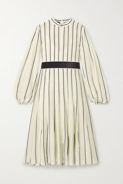 Belted Striped Mulberry Silk Crepe De Chine Dress - Off-white