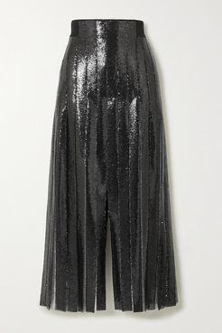 Pleated Sequined Tulle Maxi Skirt - Black