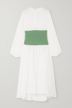 Two-tone Smocked Cotton-blend Poplin Midi Dress - White