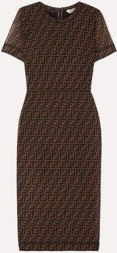 Printed Stretch-mesh Midi Dress - Brown