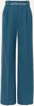 Topstitched Wool-drill Wide-leg Pants - Teal