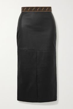 Jacquard-trimmed Leather Midi Skirt - Black