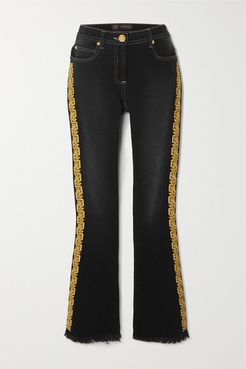 Frayed Embroidered Mid-rise Flared Jeans - Black