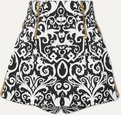 Embroidered Printed Cotton-blend Twill Shorts - Black