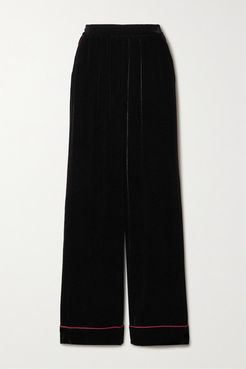 Piped Velvet Wide-leg Pants - Black