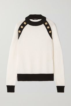 Button-embellished Two-tone Wool And Cashmere-blend Sweater - White