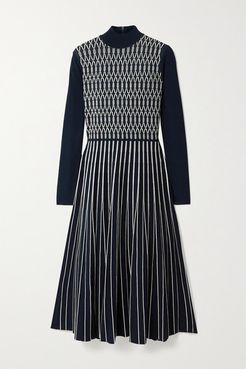Pleated Stretch Jacquard-knit Midi Dress - Midnight blue