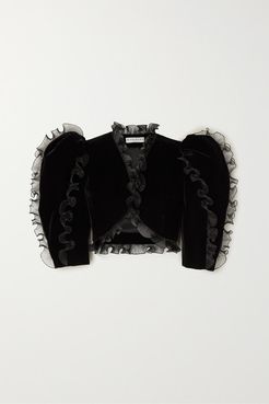 Cropped Ruffled Plissé Organza-trimmed Velvet Jacket - Black