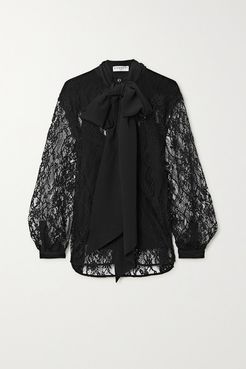 Pussy-bow Cotton-blend Lace And Silk Crepe De Chine Blouse - Black