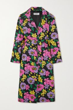 Belted Floral-print Cotton-drill Trench Coat - Black