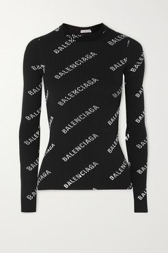 Printed Ribbed-knit Sweater - Black