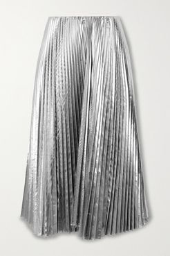 Pleated Lamé Midi Skirt - Silver