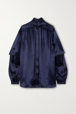 Tie-neck Layered Silk-satin Blouse - Navy