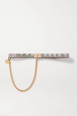 Chain-embellished Watersnake Leather Belt - Gray