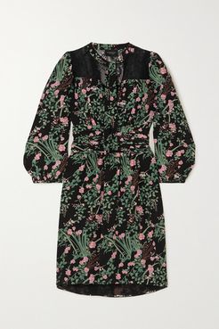 Pussy-bow Lace-trimmed Floral-print Silk Crepe De Chine Mini Dress - Black