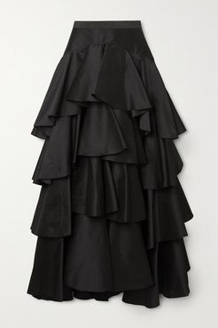Tiered Ruffled Taffeta Maxi Skirt - Black