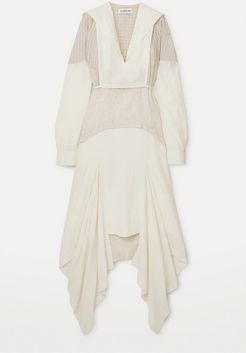 Asymmetric Paneled Checked Gauze And Linen-blend Midi Dress - White