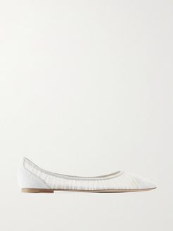 Love Glittered Tulle And Canvas Point-toe Flats - Ivory