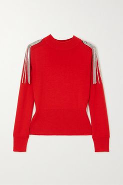 Cropped Chain-embellished Merino Wool Sweater - Red