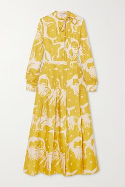 Pussy-bow Pleated Printed Silk-georgette Midi Dress - Yellow