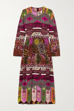 Pleated Printed Silk Midi Dress - Plum