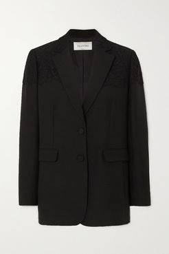 Corded Lace-paneled Wool And Silk-blend Blazer - Black