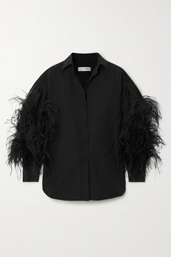 Feather-trimmed Cotton-blend Poplin Blouse - Black
