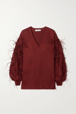 Feather-embellished Ponte Sweater - Red