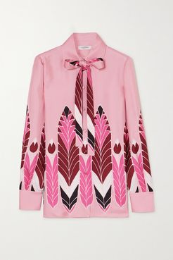 Pussy-bow Printed Silk-twill Blouse - Pink