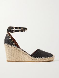 Garavani Rockstud 85 Textured-leather Wedge Espadrilles - Black