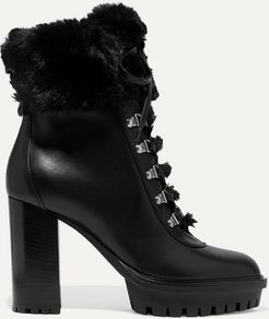 100 Faux Fur-trimmed Leather Platform Ankle Boots - Black