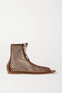 Leather-trimmed Mesh Sandals - Brown