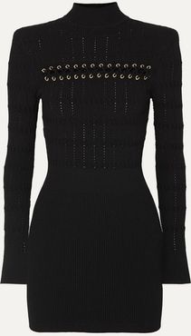 Lace-up Ribbed Pointelle-knit Mini Dress - Black