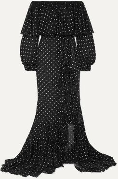 Off-the-shoulder Ruffled Polka-dot Silk-chiffon Maxi Dress - Black