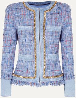 Chain-embellished Cotton-tweed And Denim Blazer - Blue