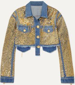Cropped Embellished Distressed Denim Jacket - Blue