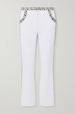 Cropped Crystal-embellished Stretch-crepe Flared Pants - White