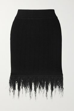 Fringed Ribbed-knit Mini Skirt - Black