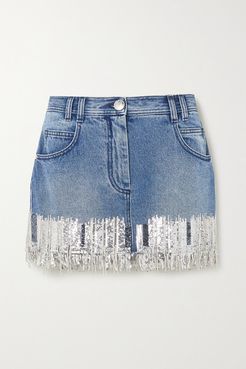 Fringed Sequined Denim Mini Skirt - Blue