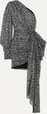 One-sleeve Draped Glittered Zebra-print Tulle Mini Dress - Black
