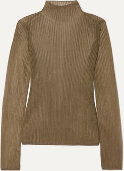 Metallic Ribbed-knit Turtleneck Top - Bronze