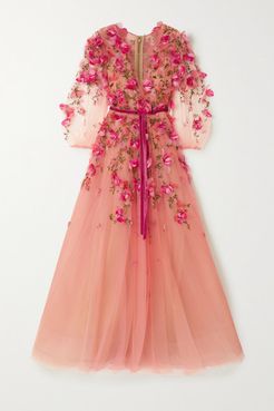 Velvet-trimmed Embellished Embroidered Ombré Tulle Gown - Pink