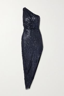 One-shoulder Asymmetric Sequined Mesh And Silk Dress - Indigo