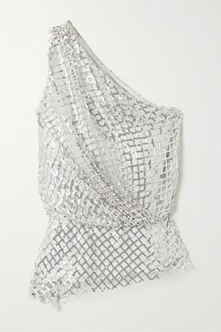 One-shoulder Sequined Mesh And Silk Top - Silver