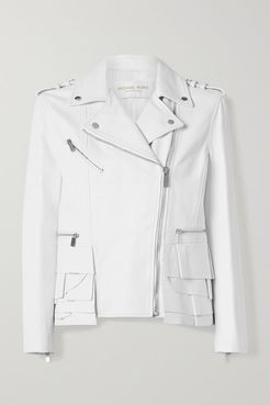 Ruffled Leather Biker Jacket - White