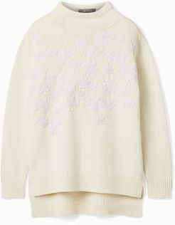Beaded Embroidered Wool And Cashmere-blend Sweater - Ivory