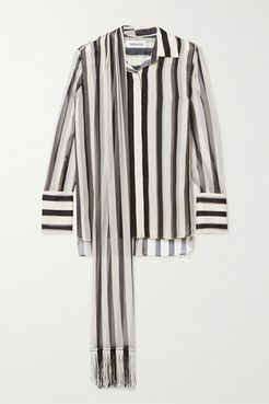 Fringed Tie-neck Striped Plissé Silk-chiffon Shirt - Black